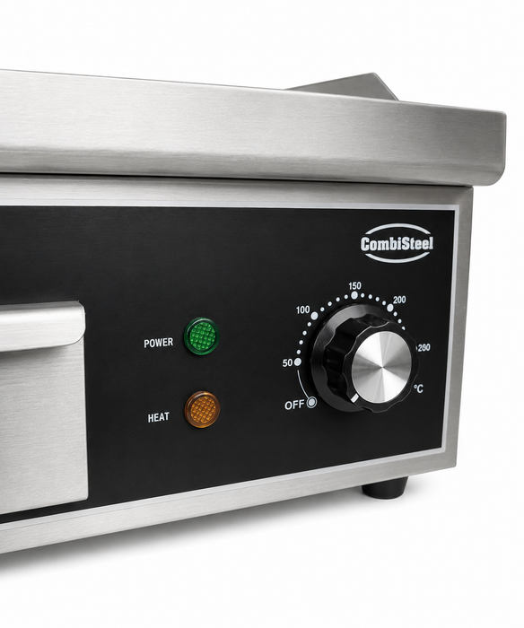 Stainless steel electric fry top with ribbed cooking surface and grease collection tray view 4
