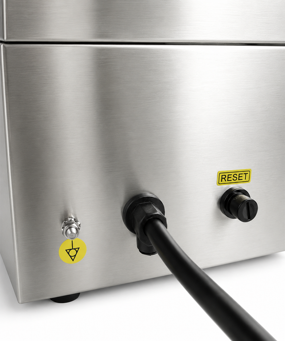 Stainless steel electric fry top with ribbed cooking surface and grease collection tray view 6