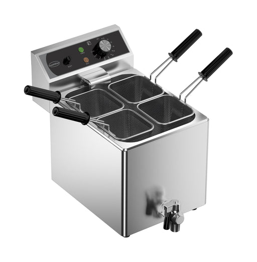 Stainless steel tabletop pasta cooker with four wire baskets, temperature control knob, drain valve