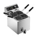 Stainless steel tabletop pasta cooker with four wire baskets, temperature control knob, drain valve