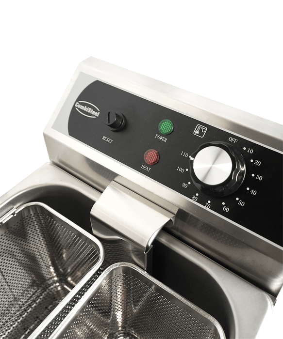Stainless steel tabletop pasta cooker with four wire baskets, temperature control knob, drain valve view 5