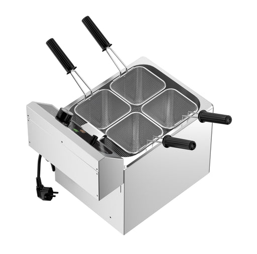 Stainless steel tabletop pasta cooker with four wire baskets, temperature control knob, drain valve view 2