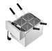 Stainless steel tabletop pasta cooker with four wire baskets, temperature control knob, drain valve view 2
