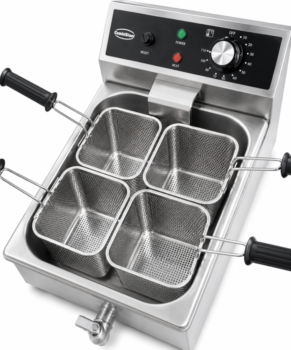 Stainless steel tabletop pasta cooker with four wire baskets, temperature control knob, drain valve view 4