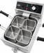 Stainless steel tabletop pasta cooker with four wire baskets, temperature control knob, drain valve view 4