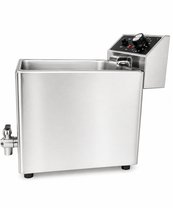 Stainless steel tabletop pasta cooker with four wire baskets, temperature control knob, drain valve view 6