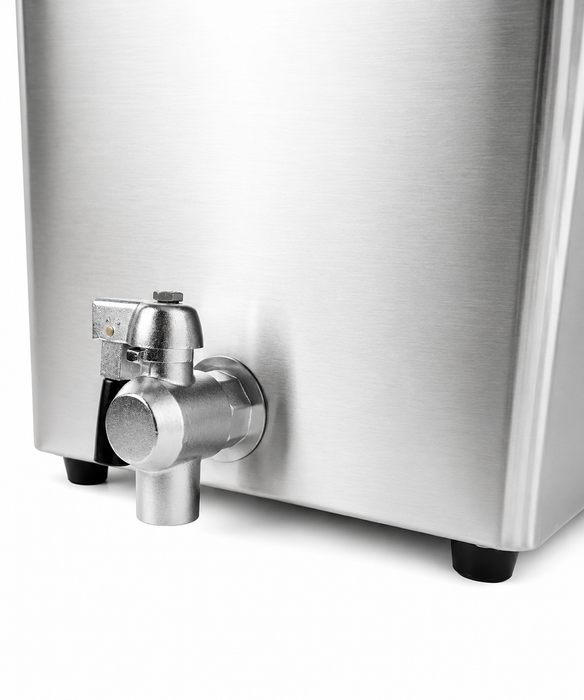 Stainless steel tabletop pasta cooker with four wire baskets, temperature control knob, drain valve view 7