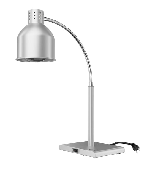 Silver flexible heat lamp with adjustable arm and bulb, standing 660mm tall
