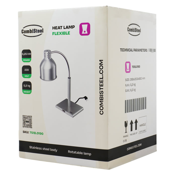 Silver flexible heat lamp with adjustable arm and bulb, standing 660mm tall view 7