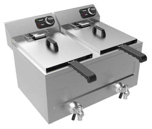 Stainless steel tabletop electric fryer with two 8-litre frying baskets and knob controls