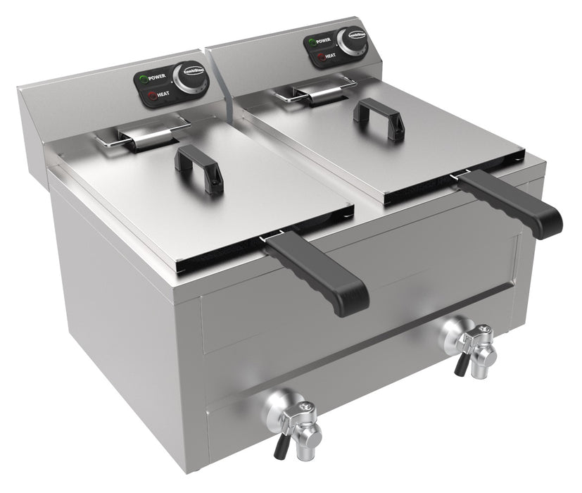 Stainless steel tabletop electric fryer with two 8-litre frying baskets and knob controls