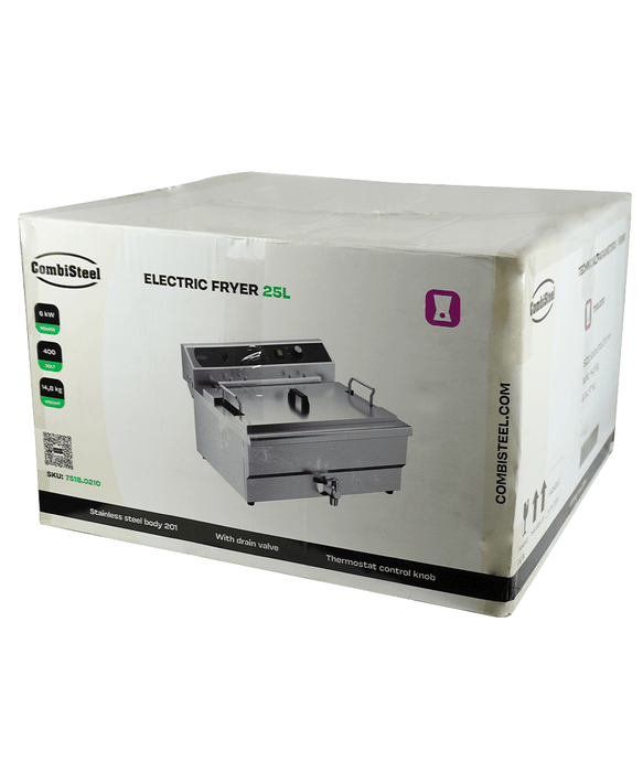 Stainless steel 25-litre electric countertop fryer with drain valve and single basket view 3