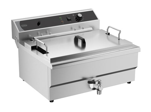Stainless steel 25-litre electric countertop fryer with drain valve and single basket