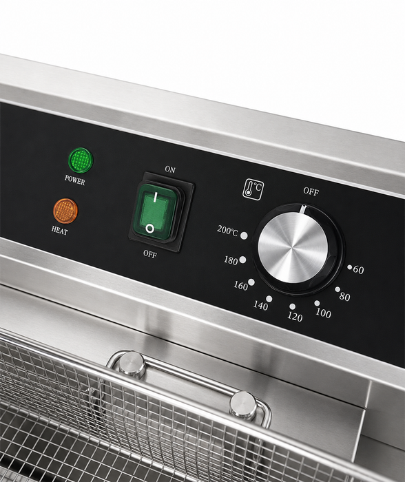 Stainless steel 25-litre electric countertop fryer with drain valve and single basket view 5