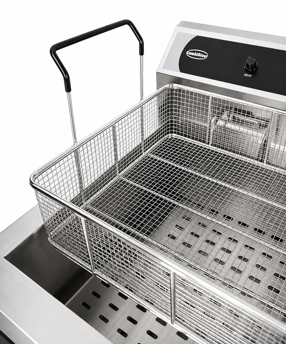 Stainless steel 25-litre electric countertop fryer with drain valve and single basket view 6
