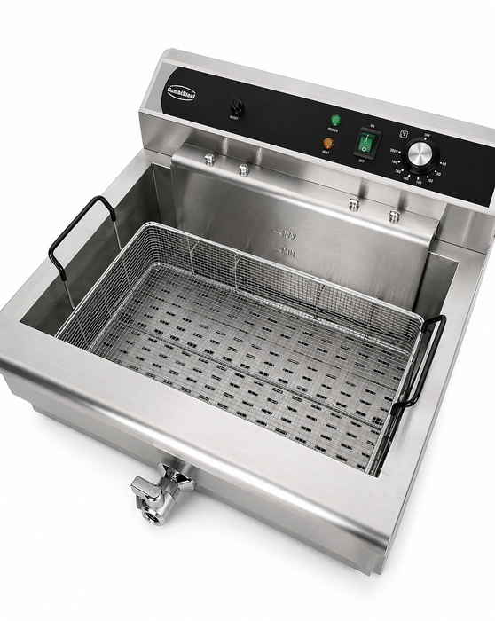 Stainless steel 25-litre electric countertop fryer with drain valve and single basket view 4