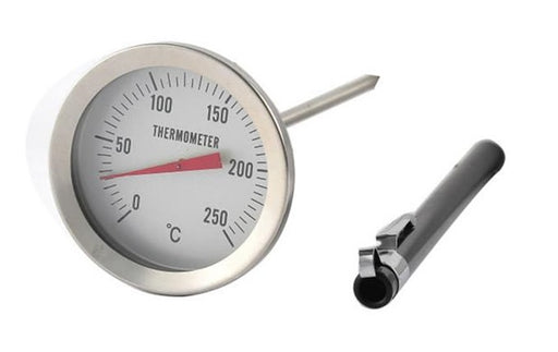 Stainless steel dial meat thermometer with 52mm face and temperature probe.
