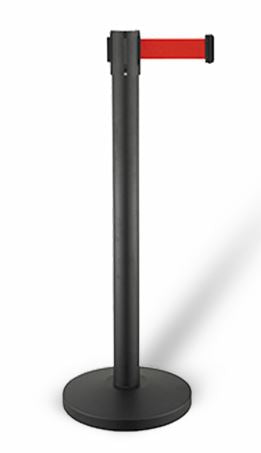Pair of black powder-coated steel retractable belt stanchions with 2-metre belts.