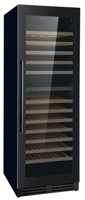Combisteel black freestanding wine cooler with single right-hinged door and LED interior lighting