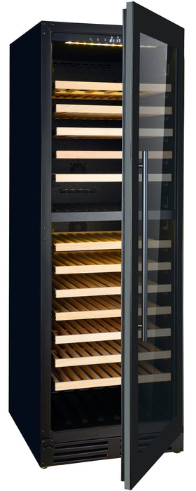 Combisteel black freestanding wine cooler with single right-hinged door and LED interior lighting view 3