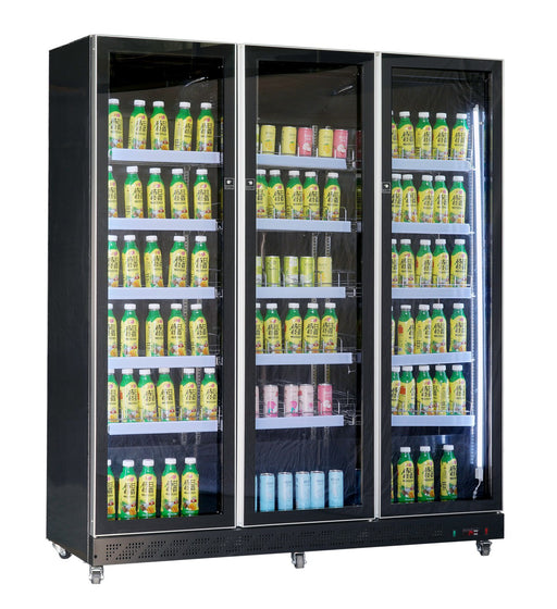 Black triple glass door commercial display fridge with LED lighting and mobile wheels