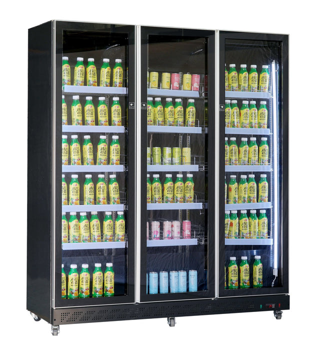 Black triple glass door commercial display fridge with LED lighting and mobile wheels