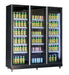 Black triple glass door commercial display fridge with LED lighting and mobile wheels