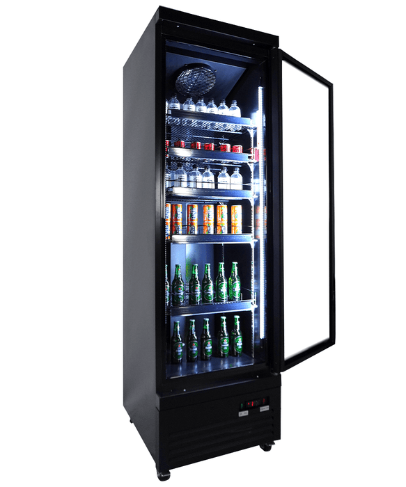Black single glass door upright display fridge with LED interior lighting and digital controls view 5