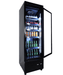 Black single glass door upright display fridge with LED interior lighting and digital controls view 5