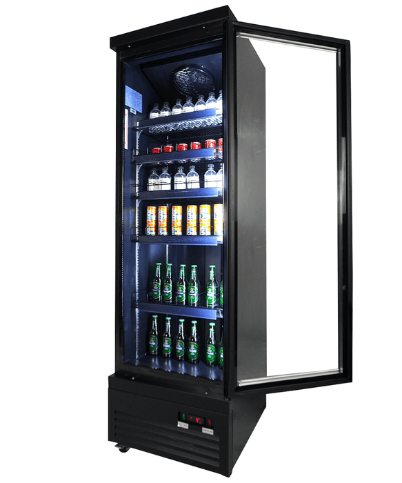 Black single glass door upright display fridge with LED interior lighting and digital controls view 6