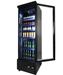 Black single glass door upright display fridge with LED interior lighting and digital controls view 6