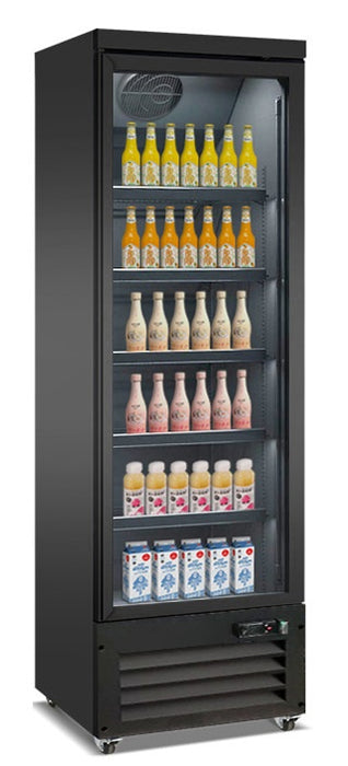 Black single glass door upright display fridge with LED interior lighting and digital controls
