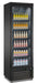 Black single glass door upright display fridge with LED interior lighting and digital controls