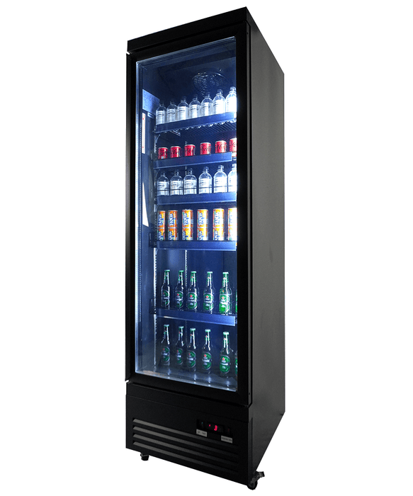 Black single glass door upright display fridge with LED interior lighting and digital controls view 3