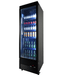 Black single glass door upright display fridge with LED interior lighting and digital controls view 3