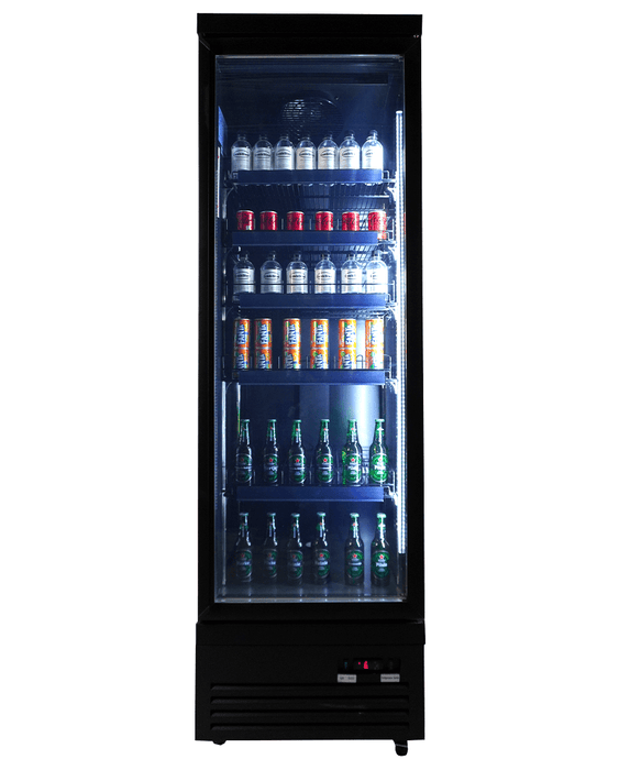 Black single glass door upright display fridge with LED interior lighting and digital controls view 2