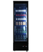 Black single glass door upright display fridge with LED interior lighting and digital controls view 2