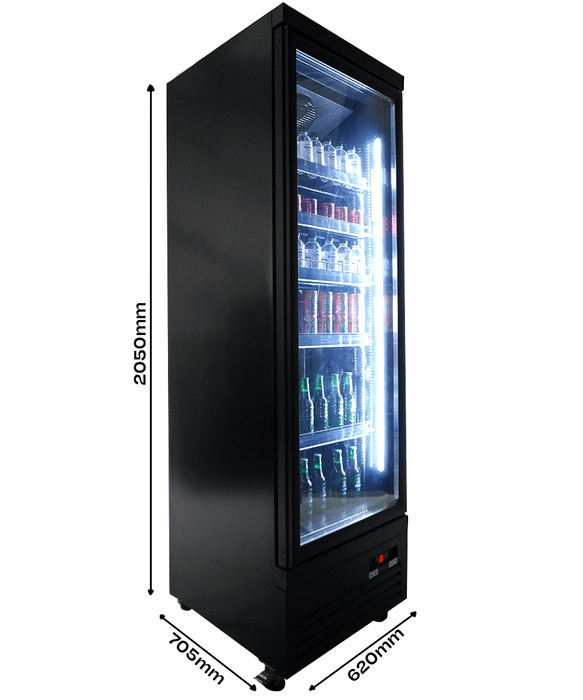 Black single glass door upright display fridge with LED interior lighting and digital controls view 4