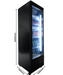 Black single glass door upright display fridge with LED interior lighting and digital controls view 4