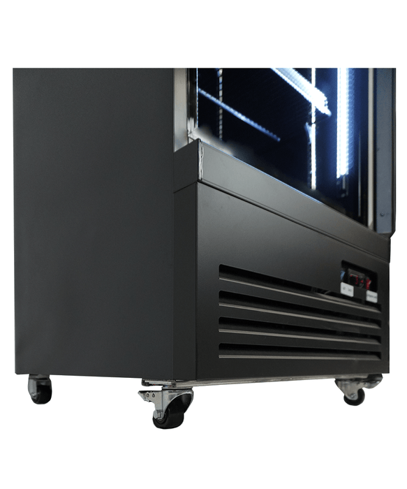 Black single glass door upright display fridge with LED interior lighting and digital controls view 7