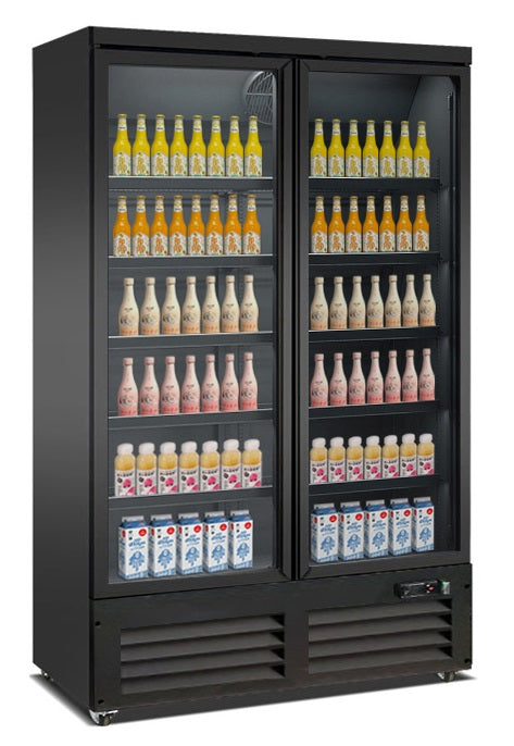 Black Combisteel CEB-1200R two-door upright display fridge with glass doors and LED lighting