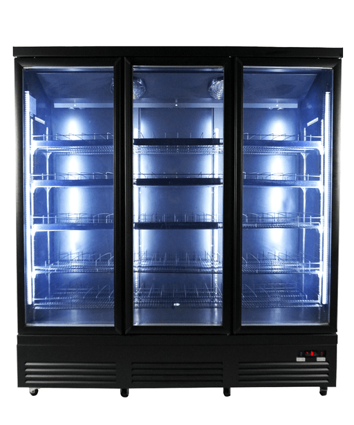 Combisteel three glass door commercial display refrigerator in black view 2