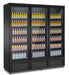 Black three-door upright display freezer with glass doors and LED lighting