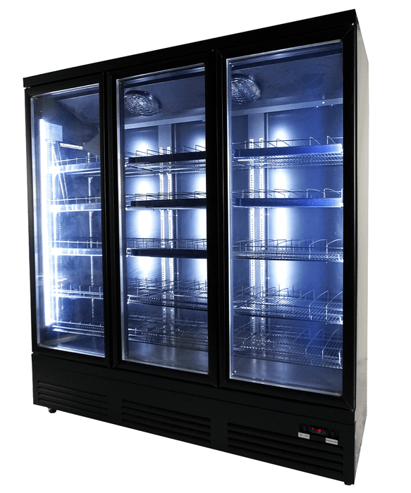 Combisteel three glass door commercial display refrigerator in black view 3