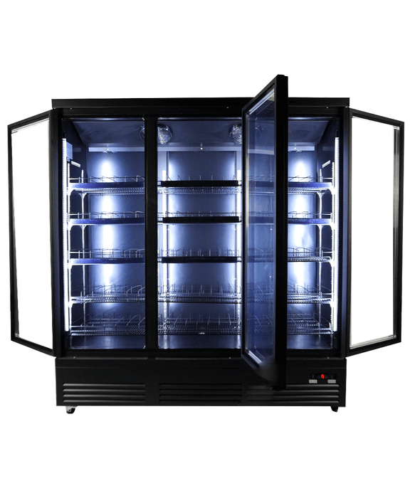 Combisteel three glass door commercial display refrigerator in black view 5