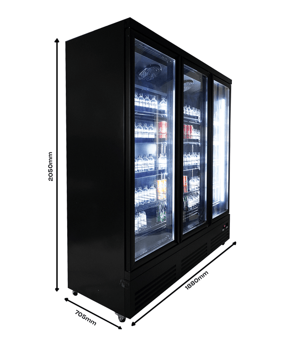 Combisteel three glass door commercial display refrigerator in black view 4