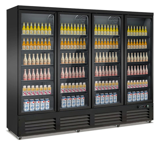 Black four door commercial display fridge with glass doors and LED lighting