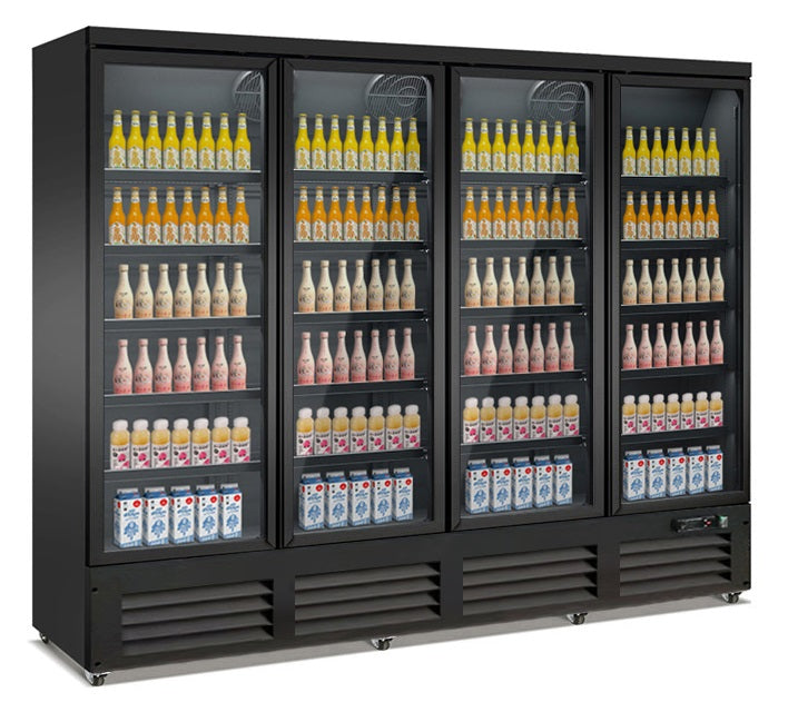 Black four door commercial display fridge with glass doors and LED lighting