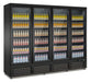 Black four door commercial display fridge with glass doors and LED lighting