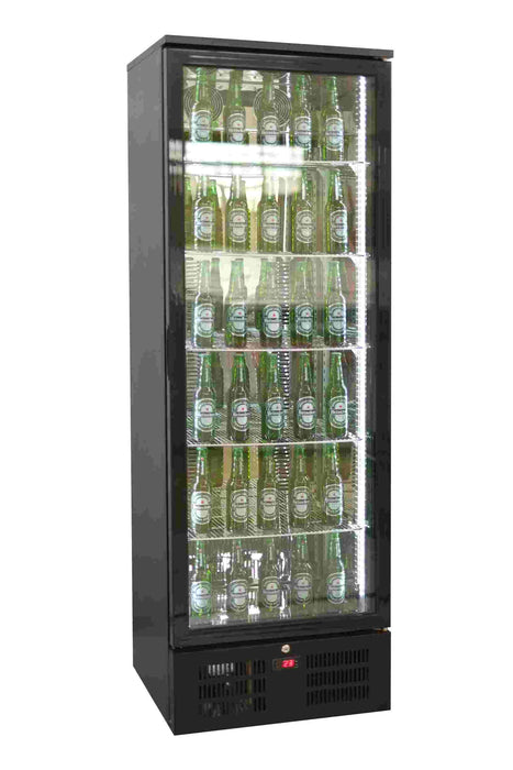 Black single-door backbar cooler fridge with LED lighting and right-hinged door